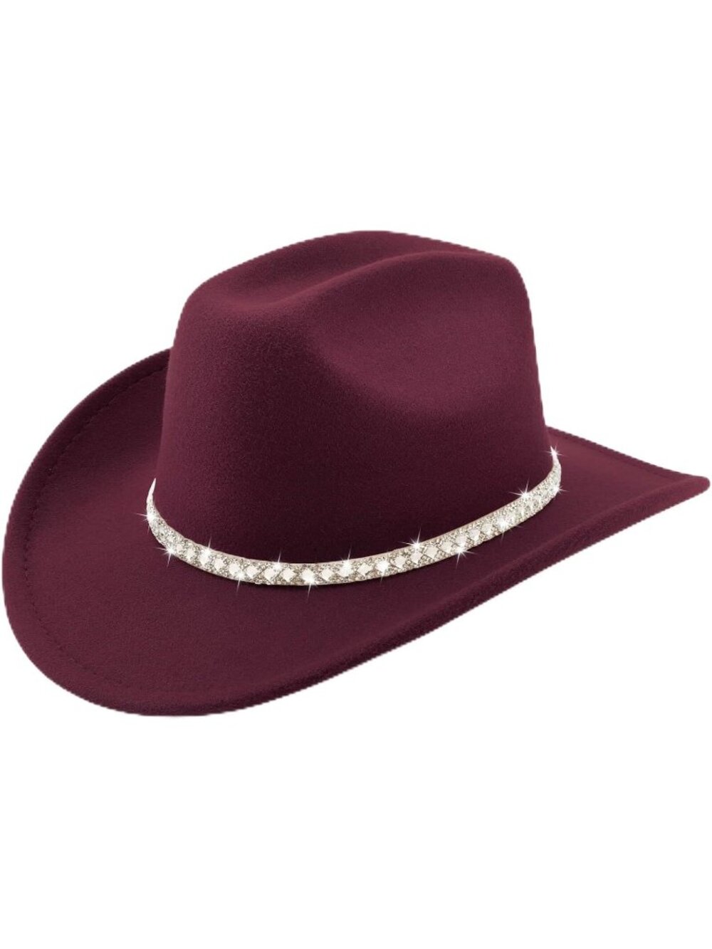 Unisex Burgundy Glitter Rhinestone Brim Felt Fedora Cowboy Cowgirl Western Hat